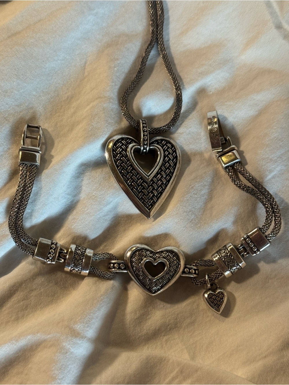 Brighton Vintage Basket Weave Heart Pendant Necklace and Bracelet Set in Silver